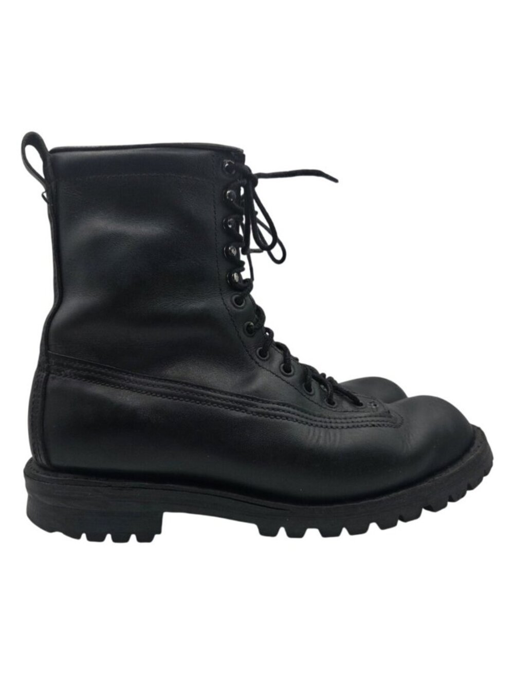 VTG 70s Black leather Logger Work boots Vibram Lug Sole Mens 8.5 Heavy Military